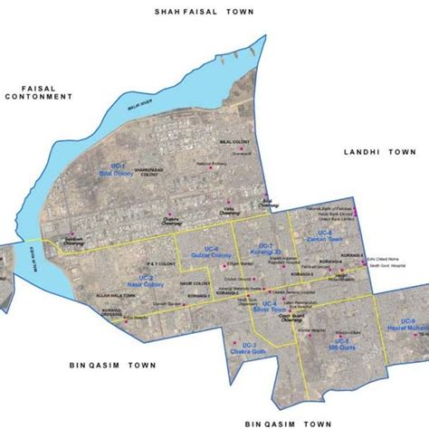 CURRENT MAP OF SATELLITE TOWN OF KORANGI TOWN WITH ITS 9 UNION COUNCILS... | Download Scientific ...