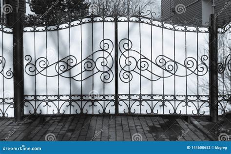 Metal Gate with Ornamental, Iron Fence, Black and White Stock Photo ...