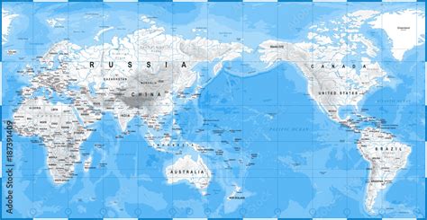 World Map Physical White - Asia in Center - China, Korea, Japan Stock ...