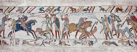 Bayeux Tapestry scene 57 King Harold is killed by an arrow in his eye ...