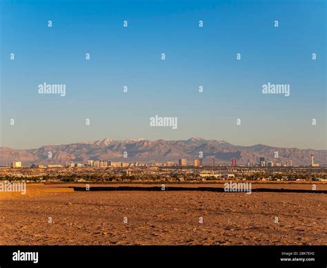 Sunrise high angle view of the Strip skyline at Las Vegas, Nevada Stock ...