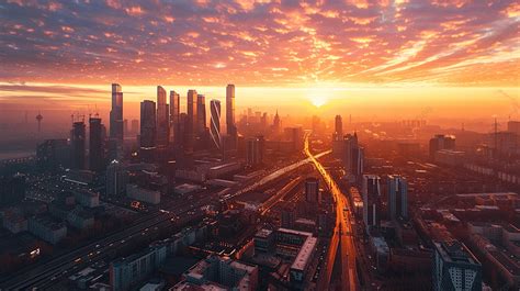 Aerial View Of The Metropolis At Sunset Sky Buildings Roads And Electric Train Routes Background ...