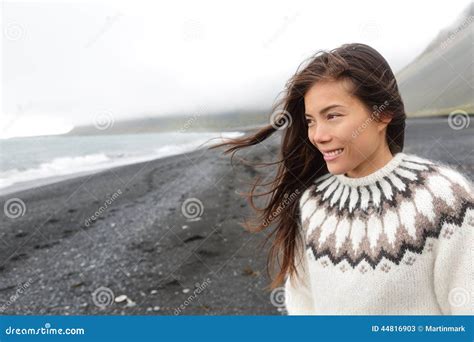 Beautiful Woman Walking On Beach On Iceland Stock Photo - Image: 44816903