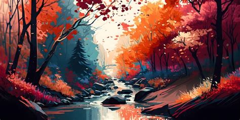 Premium AI Image | A painting of a river in autumn