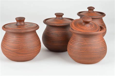BUY Set of handmade ceramic pots with lids for baking 4 items for 400 ml 1508722503 - HANDMADE ...