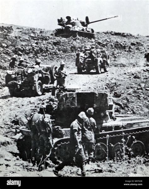 Israeli Tanks and troops on the Golan Heights, during the 1967, Six Day ...