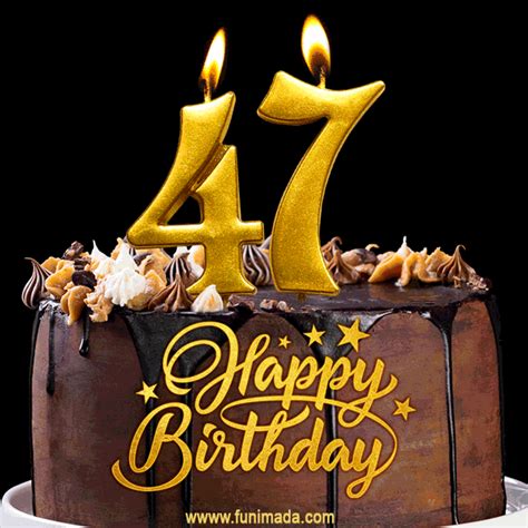 47 Birthday Chocolate Cake with Gold Glitter Number 47 Candles (GIF ...