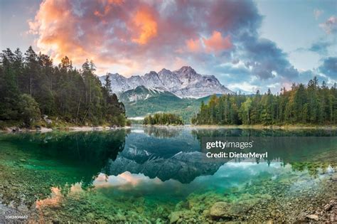 Mountain Peak Zugspitze Summer Day At Lake Eibsee Near Garmisch ...