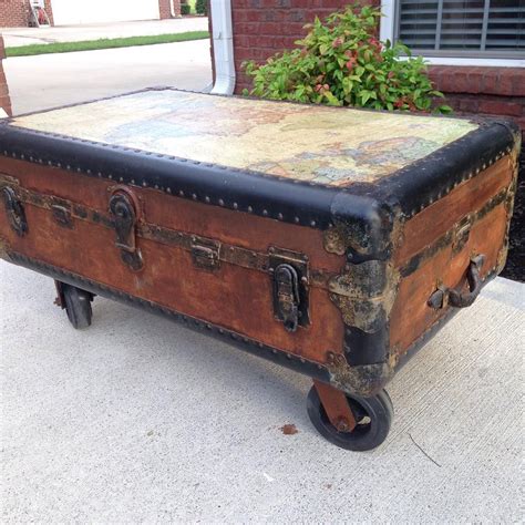 Vintage Trunk on wheels with decoupaged map of the world to the top and Modern Masters Metal ...