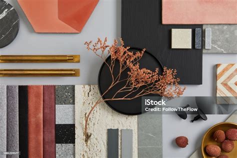 Creative Flat Lay Composition With Textile And Paint Samples Panels And Tiles Stylish Interior ...