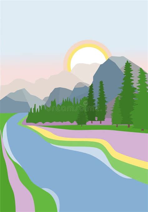 Vector Illustration of a Summer Landscape with Meadows, Trees and Sunrise in the Mountains Stock ...
