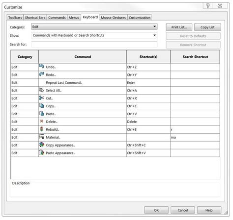 A list of the default SOLIDWORKS Keyboard Shortcuts