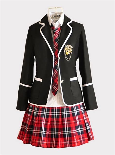 Middle School Students High School Students Uniform Suit Black Jacket Red Plaid Skirt Collegiate ...