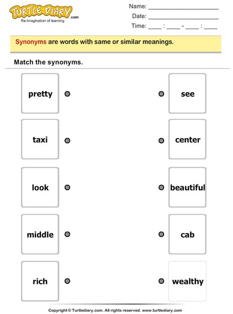 Synonyms Matching | Turtle Diary Worksheet