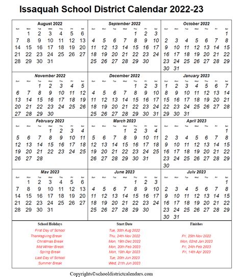 Issaquah School District Calendar 2022-2023 With Holidays in PDF