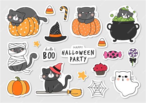 Premium Vector | Draw collection stickers cute cat for halloween