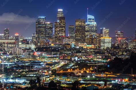 Downtown Los Angeles skyline at night Stock Photo | Adobe Stock