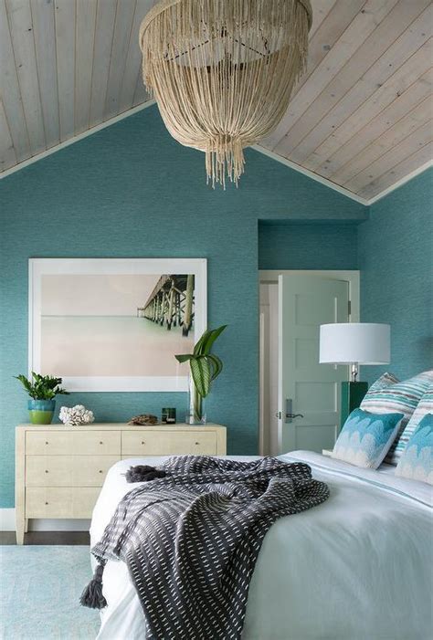 Blue Beach Bedroom with Cream Fringe Chandelier - Transitional - Bedroom