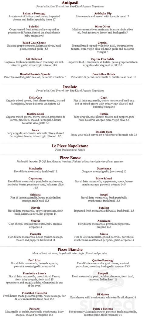 Pizza e Vino menu in Plymouth, Michigan, USA