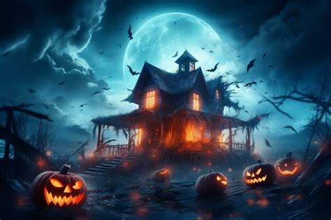 Haunted house on halloween celebration concept. Spooky house halloween background with deserted ...