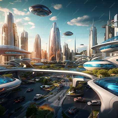 Una ciudad futurista con una ciudad y un platillo volador. | Foto Premium