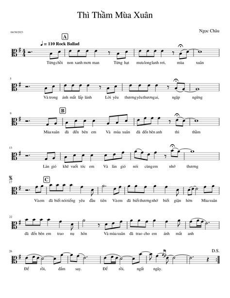 [Vietnamese] Thì Thầm Mùa Xuân (Ngọc Châu) [Simple Lyrics] Sheet music for Voice | Download free ...