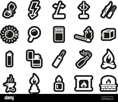 Fire & Fire Making Tools Icons White On Black Sticker Set Big Stock ...