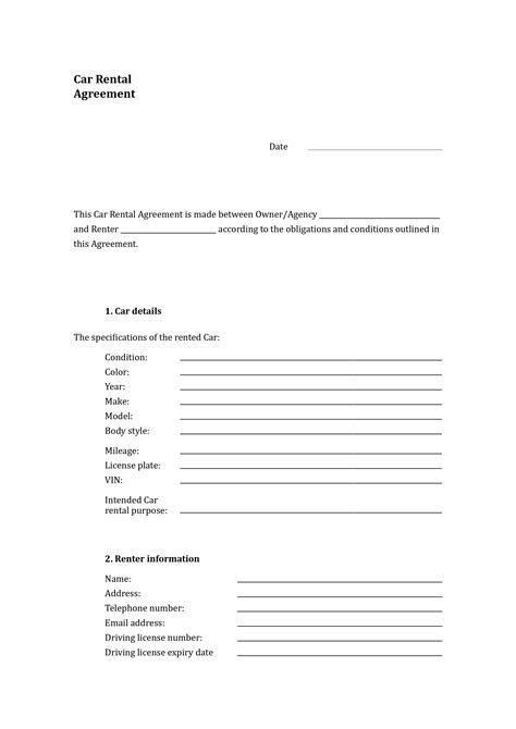 Car Rental Agreement Template