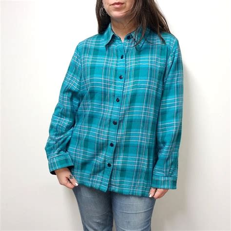 LL BEAN Womens L Fleece Lined Flannel Button Down Shirt Teal Blue Green Plaid #LLBean #Blouse ...