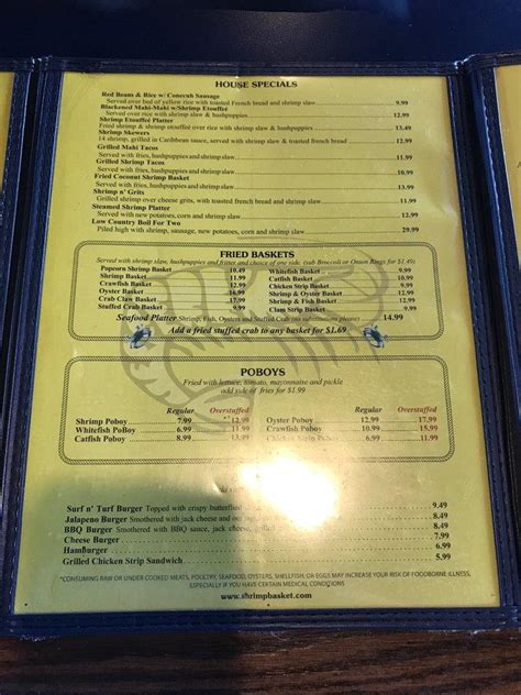 Menu at Shrimp Basket restaurant, Panama City Beach, Front Beach Rd