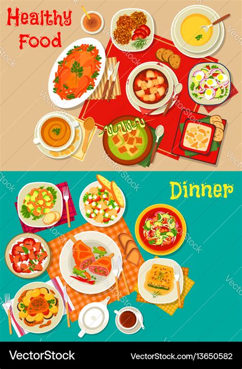 Fresh salad soup and meat dishes icon set design Vector Image