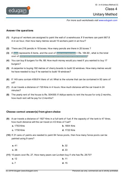 Grade 4 - Unitary Method | Math Practice, Questions, Tests, Worksheets ...