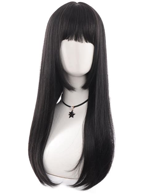 Natural Long Straight Synthetic Wig With Bangs | Black hair wigs, Black ...