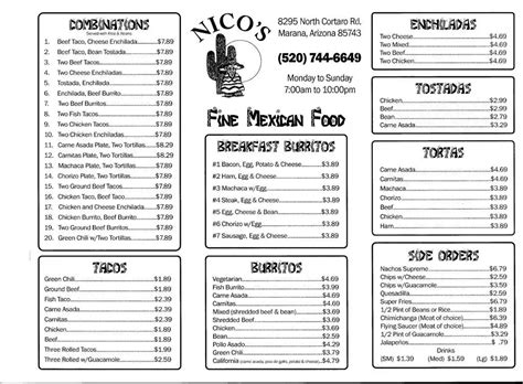 Online Menu of Nicos Taco Shop Restaurant, Oro Valley, Arizona, 85737 - Zmenu