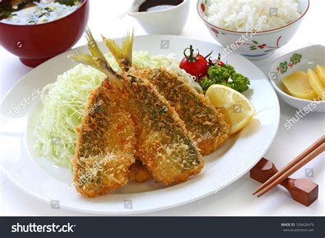 Japanese Lunch Set Meal, Aji Fry Teishoku(Deep Fried Horse Mackerel, Rice And Miso Soup) Stock ...