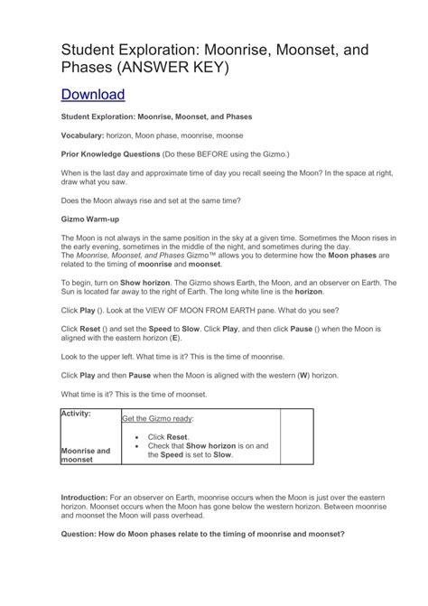 Student Exploration- Moonrise, Moonset, and Phases (ANSWER KEY)