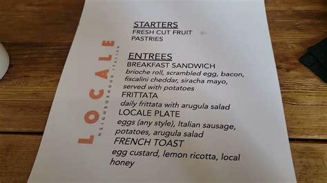 Menu at Locale Neighborhood Italian Restaurant, Tucson