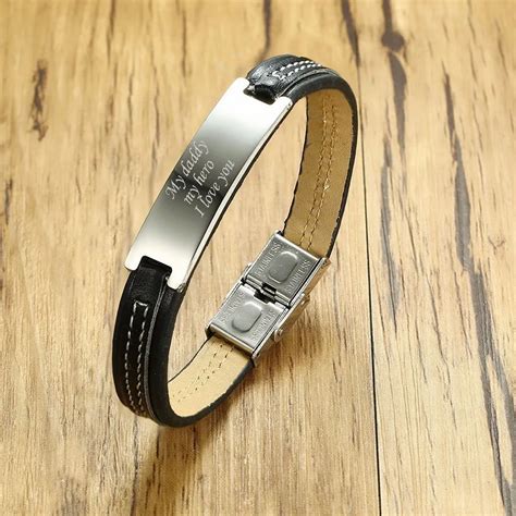 Personalized Men's Engraved Message Leather Bracelet in Black Men Stainless Steel Tag Bangle for ...