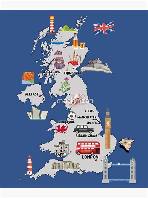 "UK map illustrated map of United Kingdom showing the top attractions ...