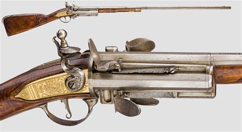 Four-chambered flintlock revolver rifle made by Johann Petro in Karlsbad, 1720 [2500x1375] : r ...