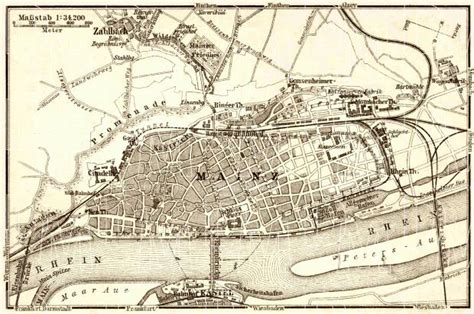 Old map of Mainz and Kastel in 1905. Buy vintage map replica poster print or download picture