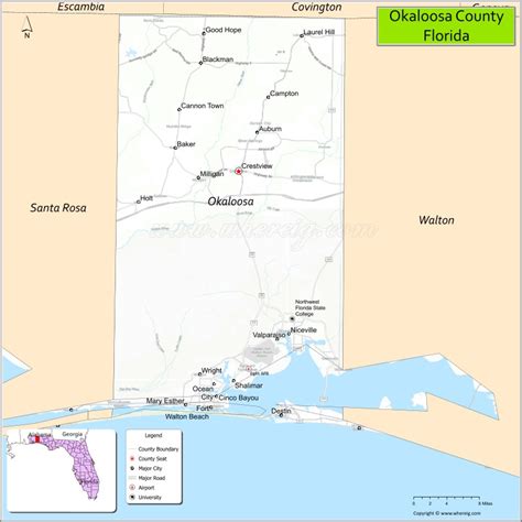 Okaloosa County Map, Florida, USA | Check Major Cities & Towns, County Facts & Location