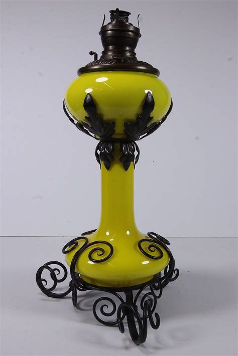 Yellow Cased Glass Antique Unusual Banquet Kerosene Lamp W/ Wrought Iron Base | Oil lamps, Lamp ...