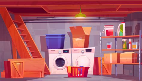 Laundry in basement, cartoon home cellar interior 14704424 Vector Art at Vecteezy