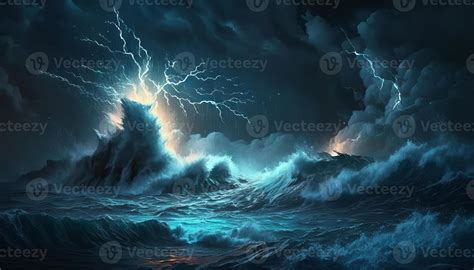 Bright lightning in a raging sea. A strong storm in the ocean. Big ...