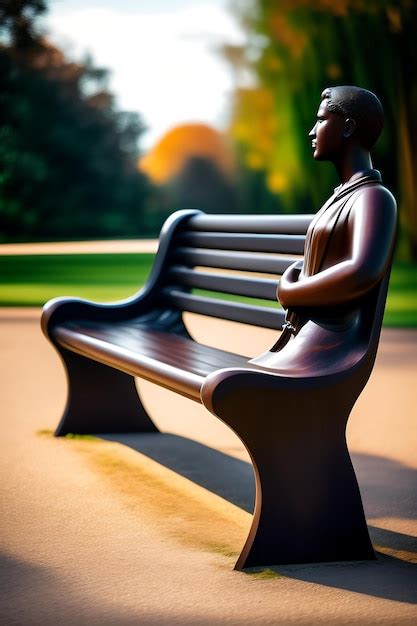 Premium AI Image | Wooden bench with sculptures in the park street furniture