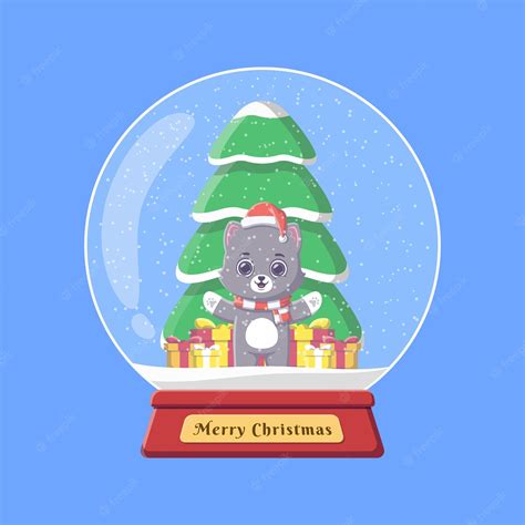 Premium Vector | Cute cat with gifts and christmas tree in snow globe