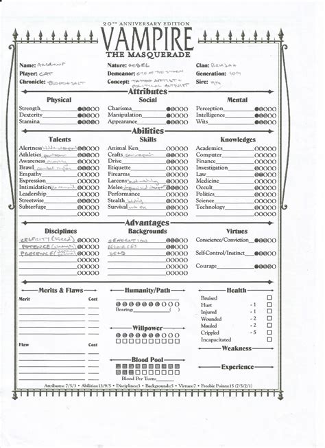 Vampire The Masquerade 5th Edition Form Fillable Character Sheet ...