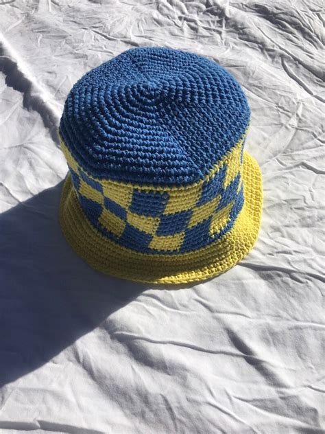 Blue and Yellow Crochet Bucket Hat Handmade - Etsy