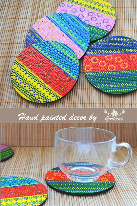 Round Coasters Multicolor Dot Coasters Painted Wood Art Unique Tea Coaster Circle Drinks Coaster ...